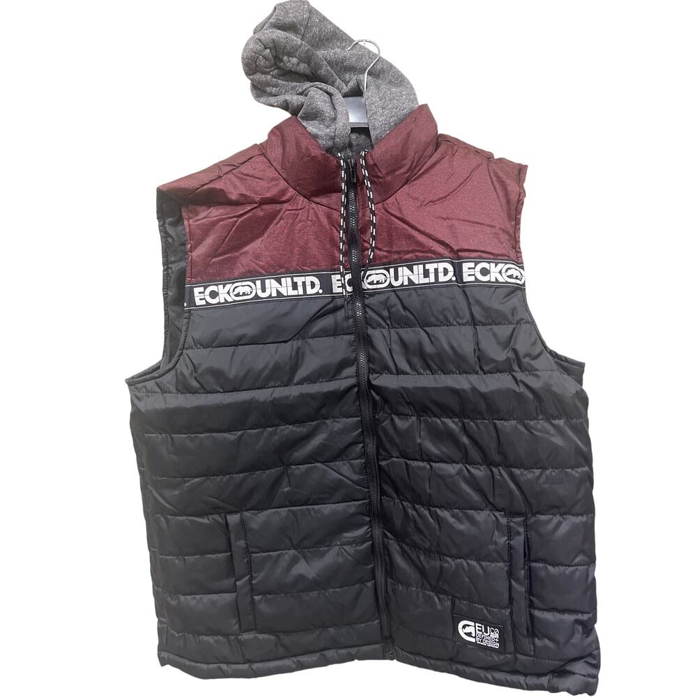 Ecko Unltd. Puffer Vest Hoodie Low Profile Mens 2XL Black Marled Red Ribbon Logo